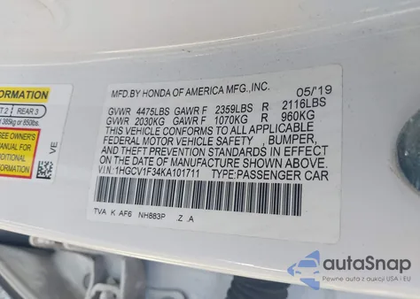 2019 Honda Accord Sport из США, поврежденный, VIN 1HGCV1F34KA101711